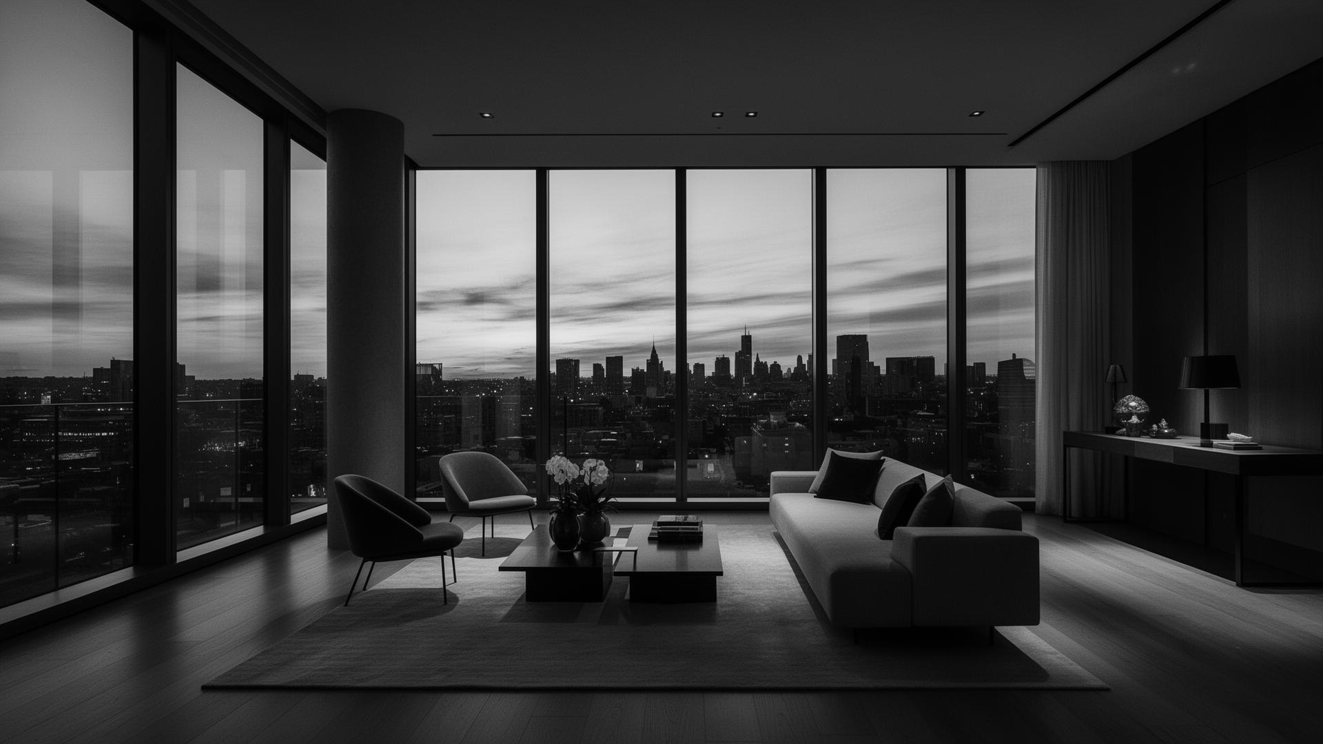 Cinematic furnished interior at dusk